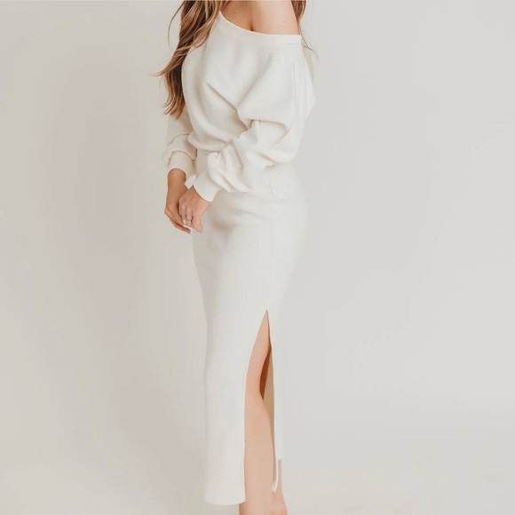 salty Dresses & Skirts - NWOT Ribbed Long Sleeve Top with Midi Slit Skirt Set in Cream